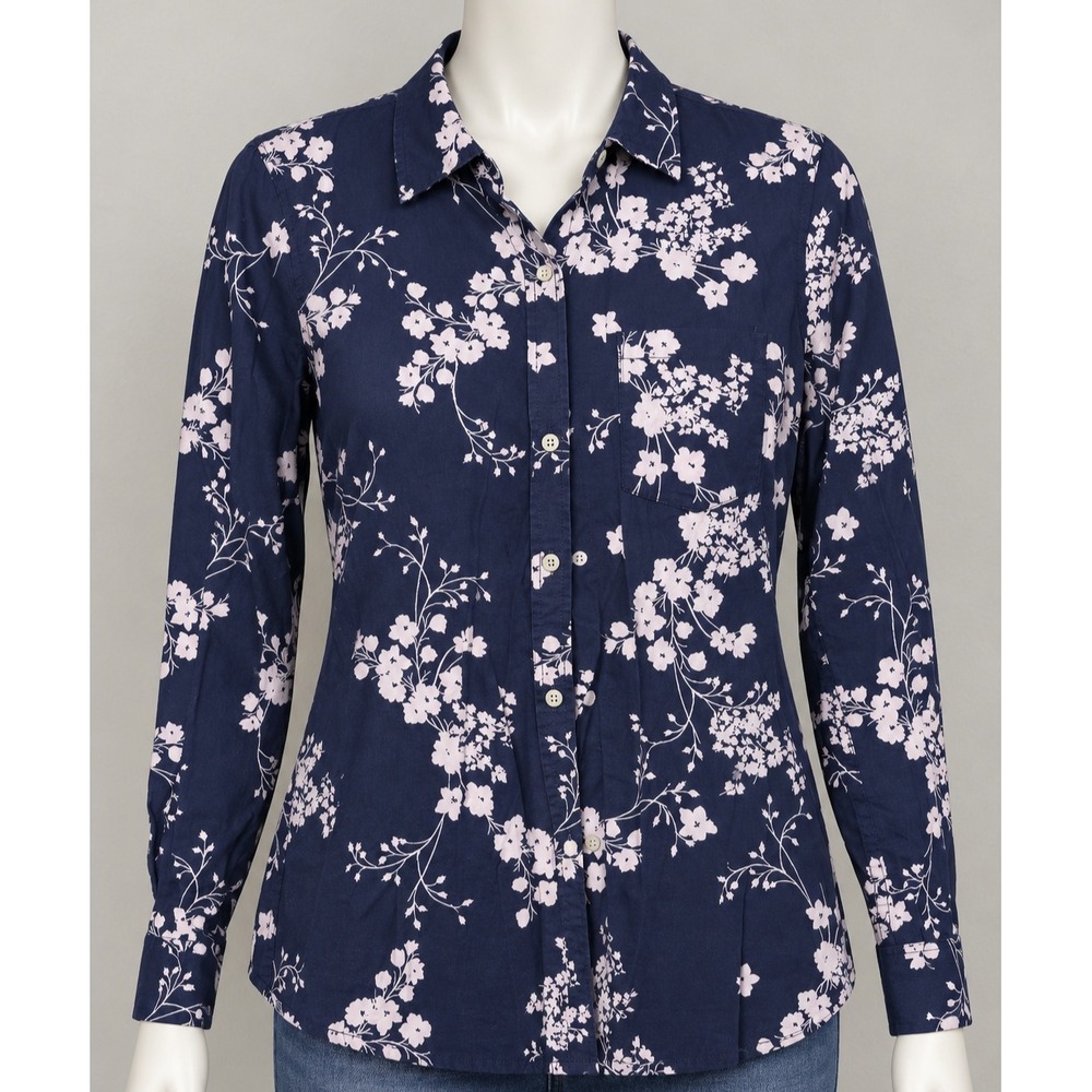 Gap Womens Navy Blue Pink Floral Cotton Button Down Shirt Long Sleeve Size M